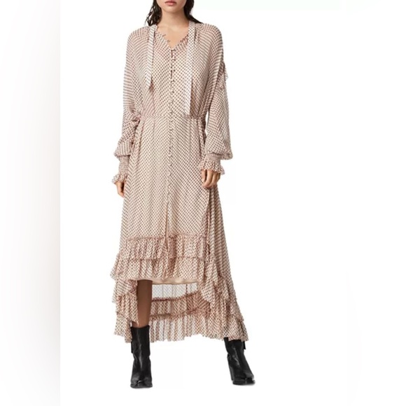 All Saints Lara Polka Dot High Low Long Sleeve Midi Dress With Slip - Picture 1 of 16